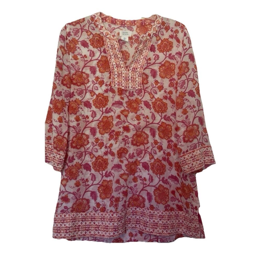 Sigrid Olsen Small Tunic Top Pink Floral Embroidered 3/4 Sleeve Cotton Laganlook